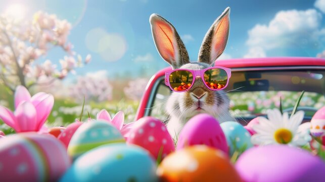 Adorable Easter Bunny wearing sunglasses, peeking out of a car filled to the brim with colorful Easter eggs. Playful and whimsical scene perfect for holiday greetings and promotions