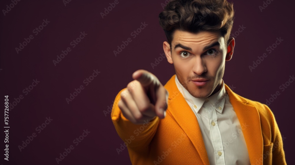 Poster man in yellow jacket pointing to something