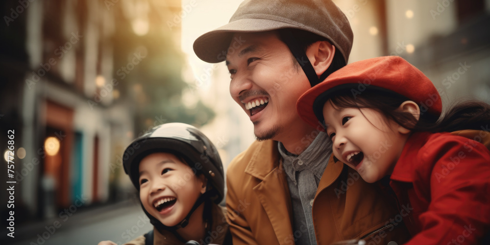 Aufkleber man and two children are smiling and hugging each other