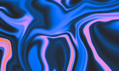 Iridescent vibrant liquid background texture. Trendy abstract blue, black, orange liquid background