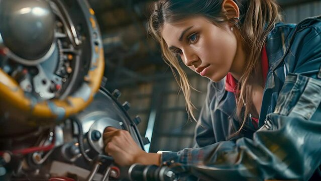 Beautiful woman working as an aviation mechanic working on an airplane engine in a hangar