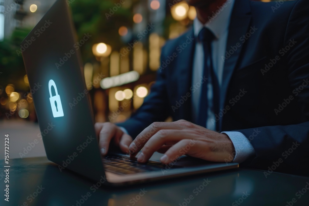 Poster man is typing on laptop with security lock icon on screen