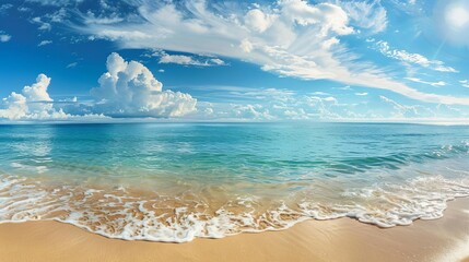 Breathtaking tropical beach panorama showcasing a vast seascape with a wide horizon, where the expansive sky meets the tranquil sea, inviting the viewer to marvel at the beauty of nature. - obrazy, fototapety, plakaty