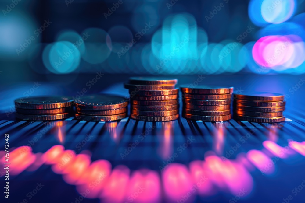 Poster stack of coins on table with blurry background