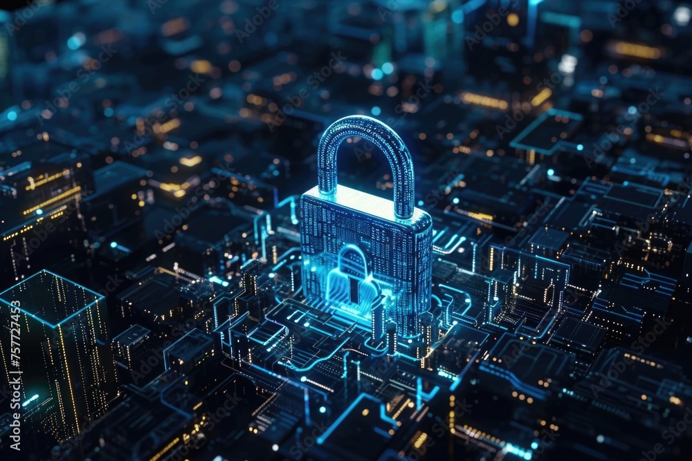 Poster blue and yellow lock is displayed on computer screen