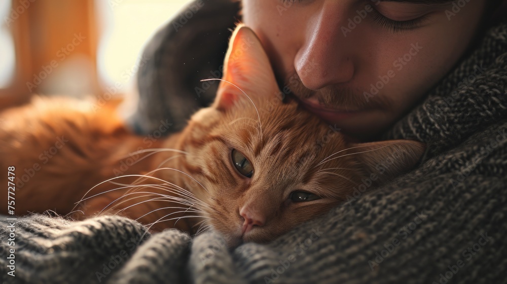 Poster man is hugging cat