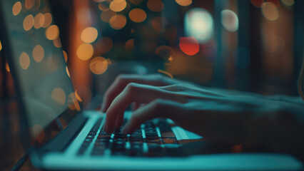 Person is typing on laptop in dark room with blurry background