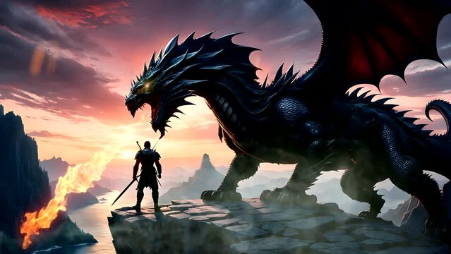 A warrior fighting with gigant dragon in the desert. Seamless looping time-lapse 4k video animation background