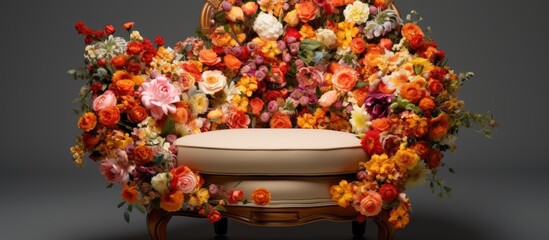 A creative arts piece featuring a chair adorned with vibrant flowers set against a gray background, showcasing the beauty of flower arranging and art