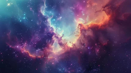 Fototapeten Colorful space nebula with stars and galaxies, creating stunning cosmic landscape and futuristic science fiction wallpaper background © Bijac