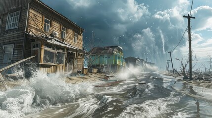 hurricanes hitting the sea coast Showing the giant waves crashing onto the shore. Rusted houses. - obrazy, fototapety, plakaty
