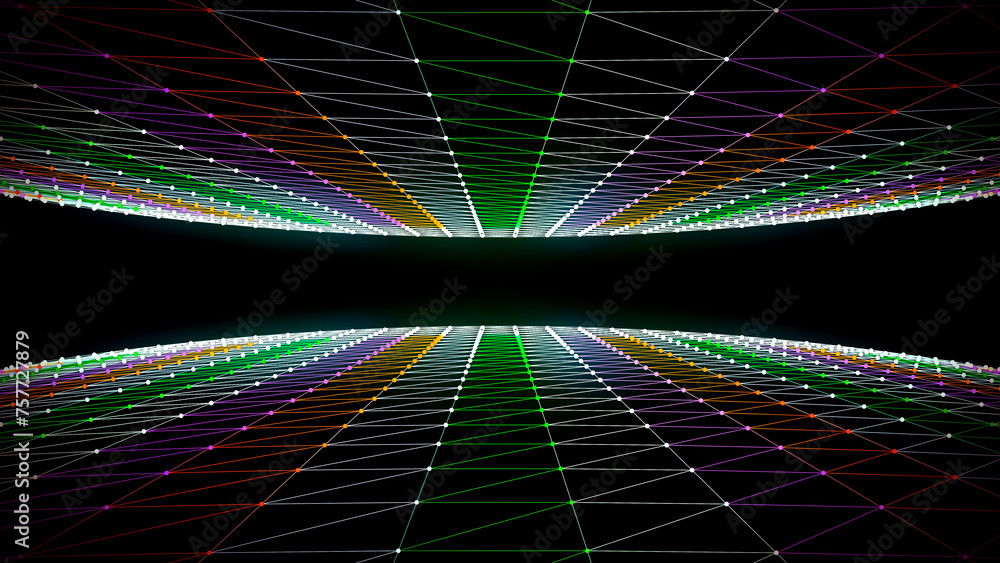 Poster abstract green colorful glowing shiny sci-fi 3d curving out of top and bottom dotted triangles wiref