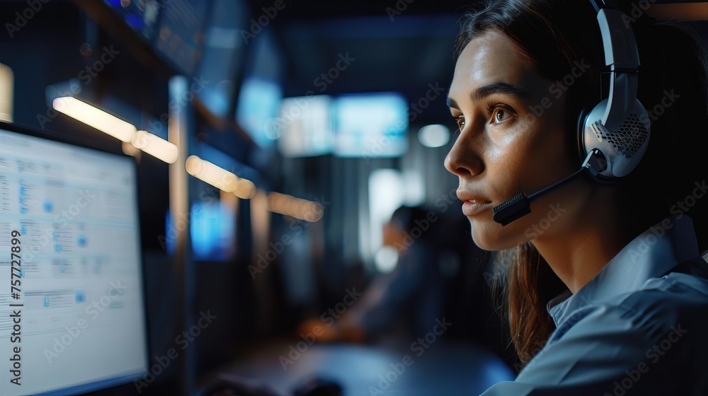 Poster dedicated female call center agent diligently managing tasks on a computer in a customer service hub