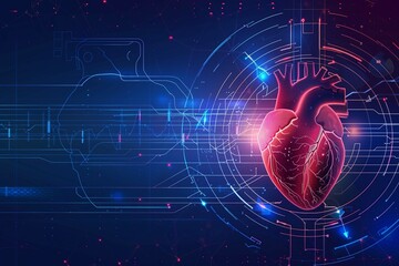 Futuristic medical research or heart cardiology health care with diagnosis vitals infographic biometrics for clinical and hospital stethoscope and catheter services as wide banner with copy space are - obrazy, fototapety, plakaty