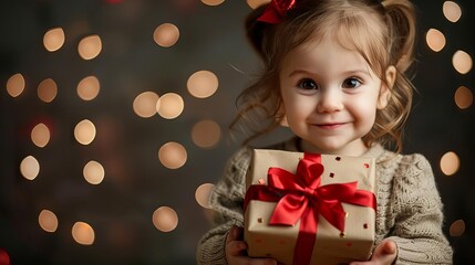 Fototapeta na wymiar Cute little child holding a gift box wrapped with a red ribbon, symbolizing the joy and excitement of giving and receiving presents