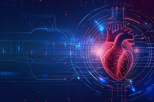 Futuristic medical research or heart cardiology health care with diagnosis vitals infographic biometrics for clinical and hospital stethoscope and catheter services as wide banner with copy space are