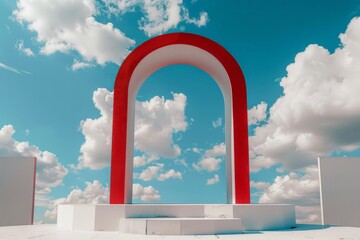 A red and white arched product podium stands in the middle of a field under a cloudy blue sky