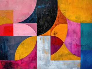 Abstract geometric artwork with a harmonious blend of bold colors and shapes, creating a visually dynamic composition