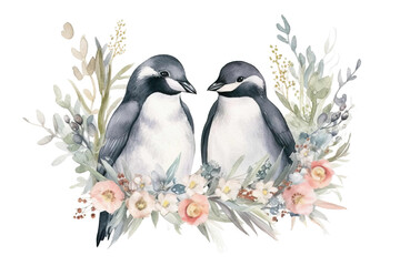 bouquets Watercolor Arctic winter grey penguins flora animal cute floral bird little nature
