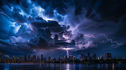 Naklejka na ściany i meble Dramatic lightning strike illuminating the night sky over a city skyline, capturing the raw power and beauty of nature in an urban setting