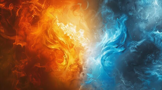 Dramatic abstract illustration of heaven and hell meeting, vivid orange and blue colors representing the eternal struggle between good and evil