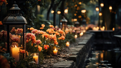 Lamps at night, flower decorations, party decorations, lighting, sipping tea. - obrazy, fototapety, plakaty