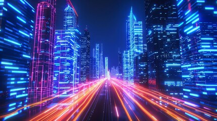 Futuristic neon light trails speeding through a smart modern city with towering skyscrapers