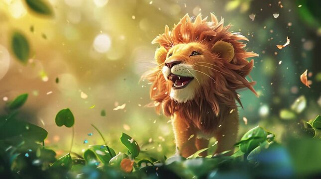 Majestic lion basking in the golden light of the fantasy forest at sunrise Seamless looping 4k time-lapse virtual video animation background. Generated AI
