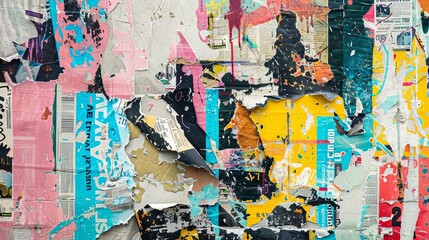 Grungy abstract backdrop featuring a vibrant collage of torn newspaper and magazine clippings, embellished with colorful graffiti elements. Edgy and dynamic urban texture