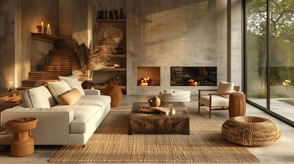 Designing a cozy living room with warm earthy tones and rustic accents. - obrazy, fototapety, plakaty
