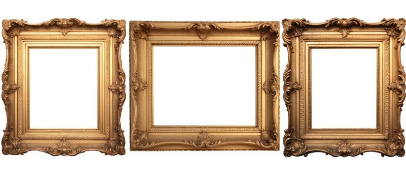 Three gold picture frames are displayed in a row on a white background, creating a symmetrical fixture. The frames are rectangle in shape with wooden molding, adding a touch of elegance to the space