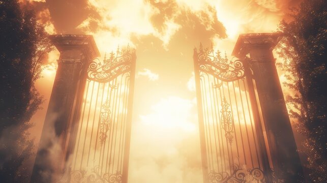Heavenly gates opening to reveal a bright light, symbolizing the afterlife and spirituality