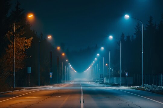 An empty wide road illuminated by street lights at night