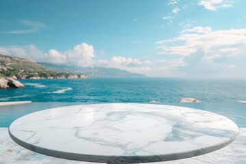 wide white marble table top with sea view background, mock up for display of product, montage your products