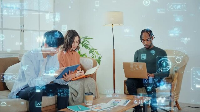 オフィスでミーティングする多国籍の人々とデジタルテクノロジー