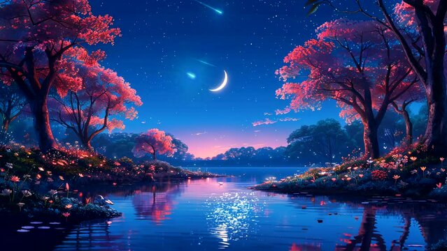 Fantasy Forest with Crescent Moon: Pink leaved trees, rivers and stream. Seamless looping 4k time-lapse video animation background