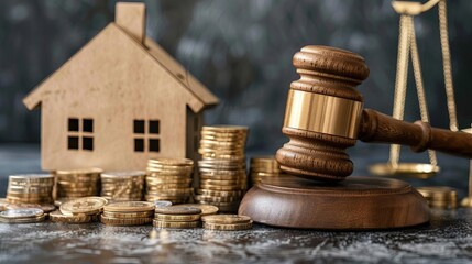 Judge's gavel and house model representing real estate law, taxes, and profits invested in property purchase, symbolizing the legal and financial aspects of the housing market - obrazy, fototapety, plakaty