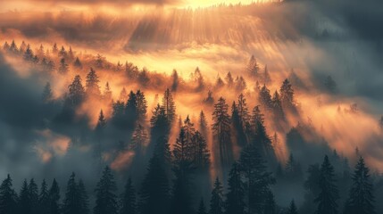 Majestic sunrise illuminating misty forest, creating enchanting and mystical atmosphere in nature landscape with golden light and long shadows