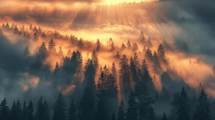 Photo sur Plexiglas Matin avec brouillard Majestic sunrise illuminating misty forest, creating enchanting and mystical atmosphere in nature landscape with golden light and long shadows