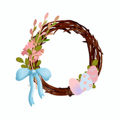 Easter wreath digital illustration with colorful painted eggs and flowers. Flower circle frame. Happy easter background, hand drawn. Spring symbol. For card, packing, sticker, wall paper a nd other.