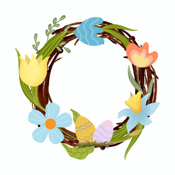 Easter wreath digital illustration with colorful painted eggs and flowers. Flower circle frame. Happy easter background, hand drawn. Spring symbol. For card, packing, sticker, wall paper a nd other.