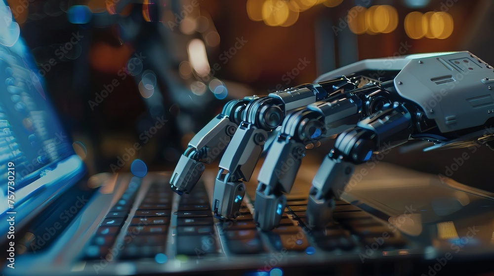 Poster robot hand typing on laptop keyboard, concept of artificial intelligence and automation replacing hu