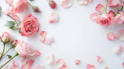 Romantic decorative web banner featuring a close-up of delicate pink rose flowers and petals on a pristine white table. Floral frame composition with ample negative space for text - obrazy, fototapety, plakaty