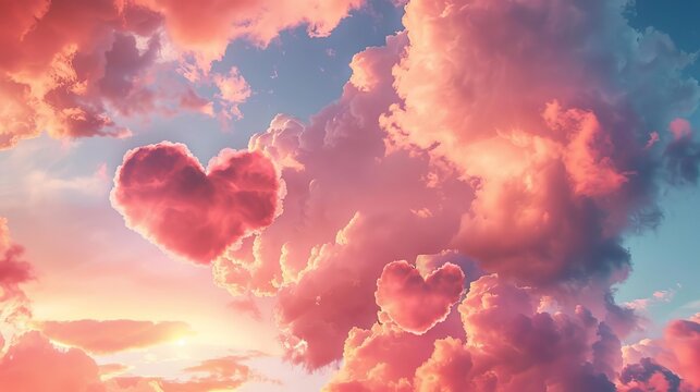 Romantic heart-shaped clouds float dreamily in a vibrant, colorful sky, perfect for Valentine's Day