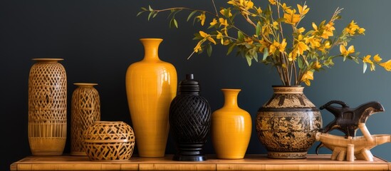 A collection of yellow vases adorning a wooden table, perfect for displaying flowers or holding...