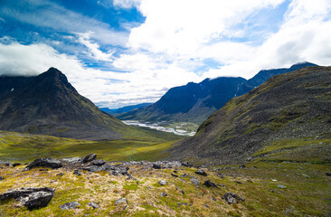 A beautiful summer landscape with Rapa river Rapadalen in Sarek National Park in Sweden. A mountain...