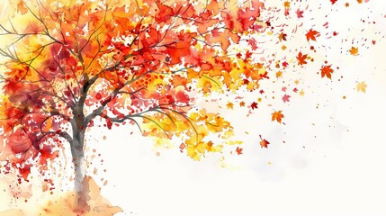 Vibrant autumn tree watercolor banner isolated on crisp white background, capturing the essence of fall's colorful foliage. Horizontal composition perfect for seasonal designs