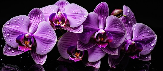A collection of purple orchids with water droplets, showcasing their vibrant violet and magenta...