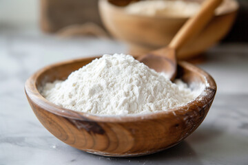 Fototapeta na wymiar Organic Flour in Wooden Bowl with Spoon for Baking on Marble Kitchen Countertop.