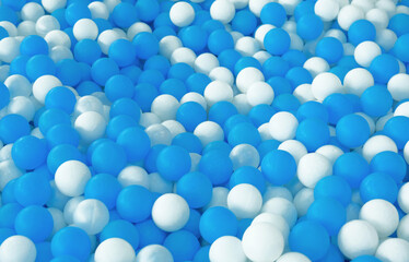 Full frame background with white blue balls in the dry pool, playground with foam blocks